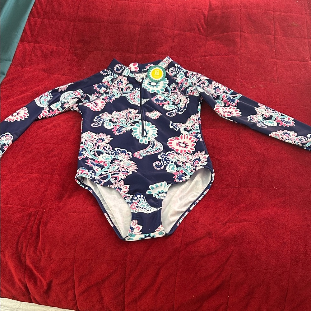Girls' Navy Floral Long-Sleeve Rash Guard Swimsuit SPF 50
